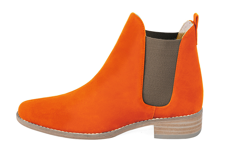 Clementine orange and taupe brown women's ankle boots, with elastics. Round toe. Flat leather soles. Profile view - Florence KOOIJMAN